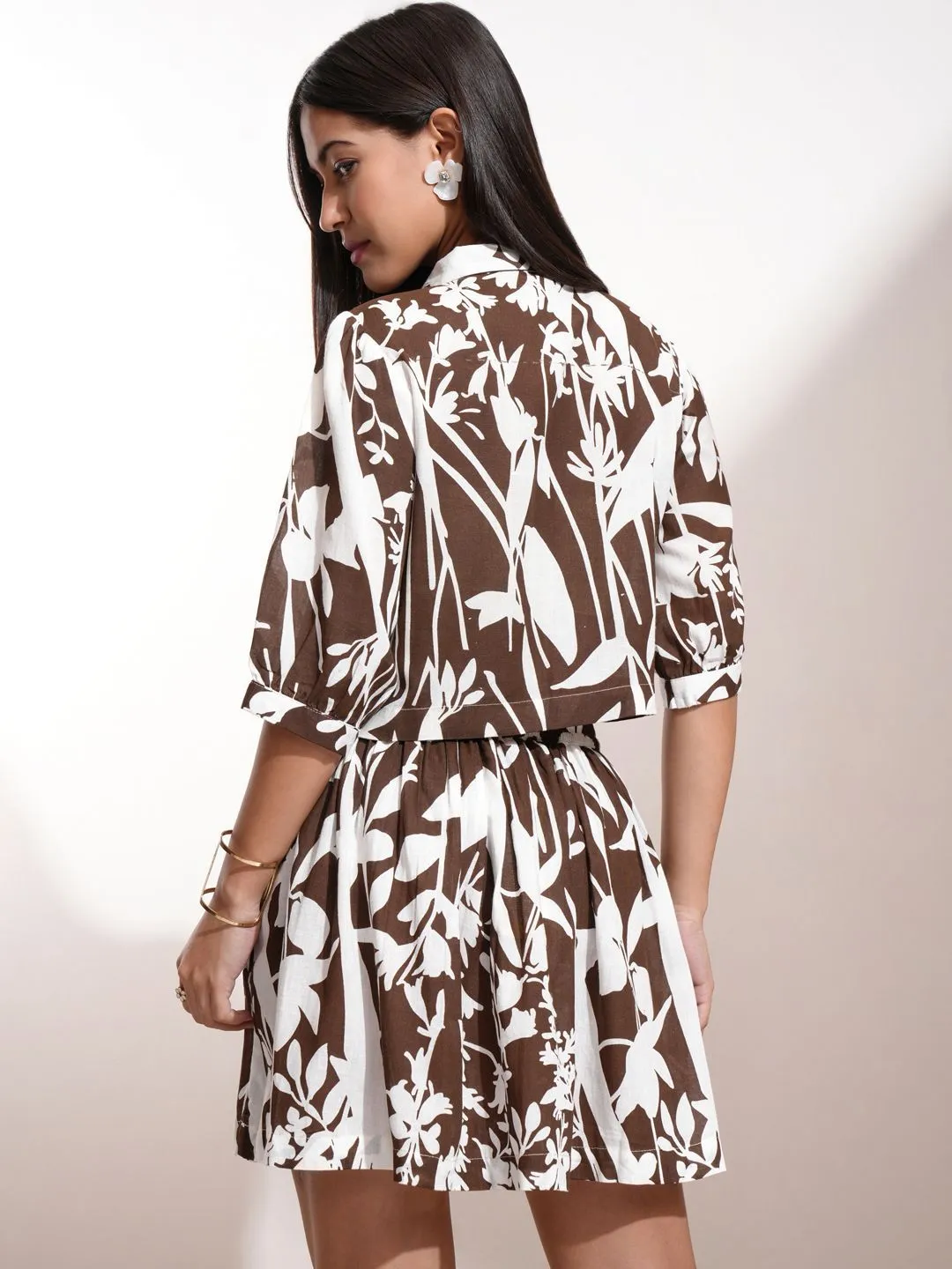 Vishudh Brown Floral Printed Cuffed Sleeves Casual Shirt With Skirt
