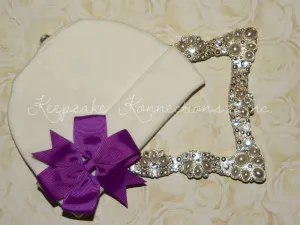 White Beanie Hat with Pinwheel Bow