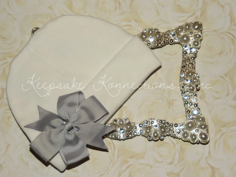 White Beanie Hat with Pinwheel Bow