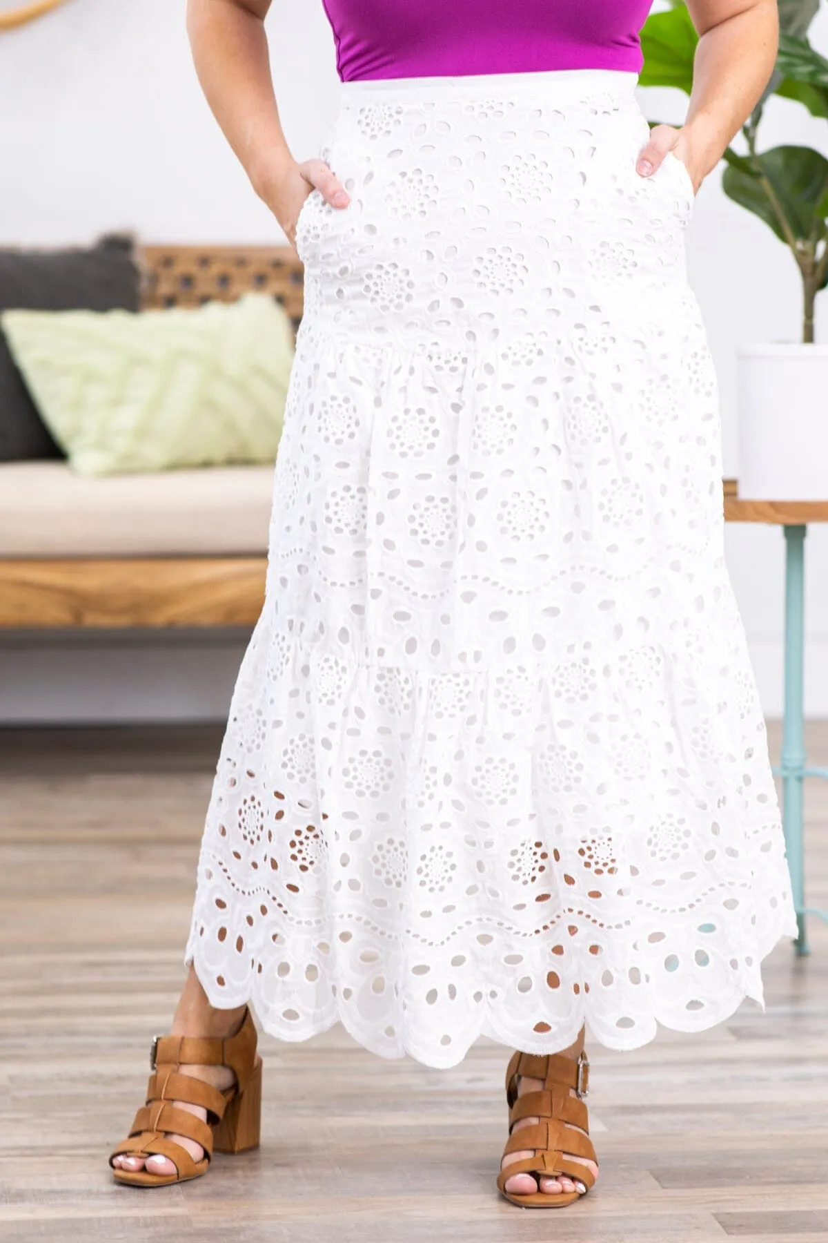 White Floral Laser Cut Maxi Skirt