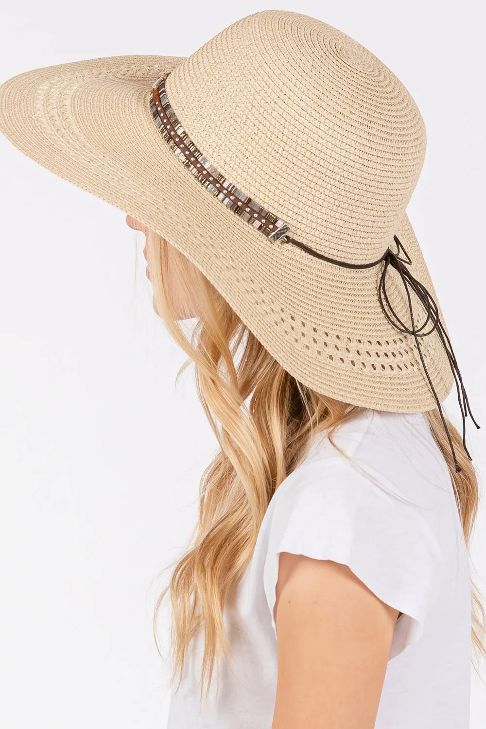 Wide Brim Straw Hat with Evil Eye and Multi Design Band Beige - Pack of 6