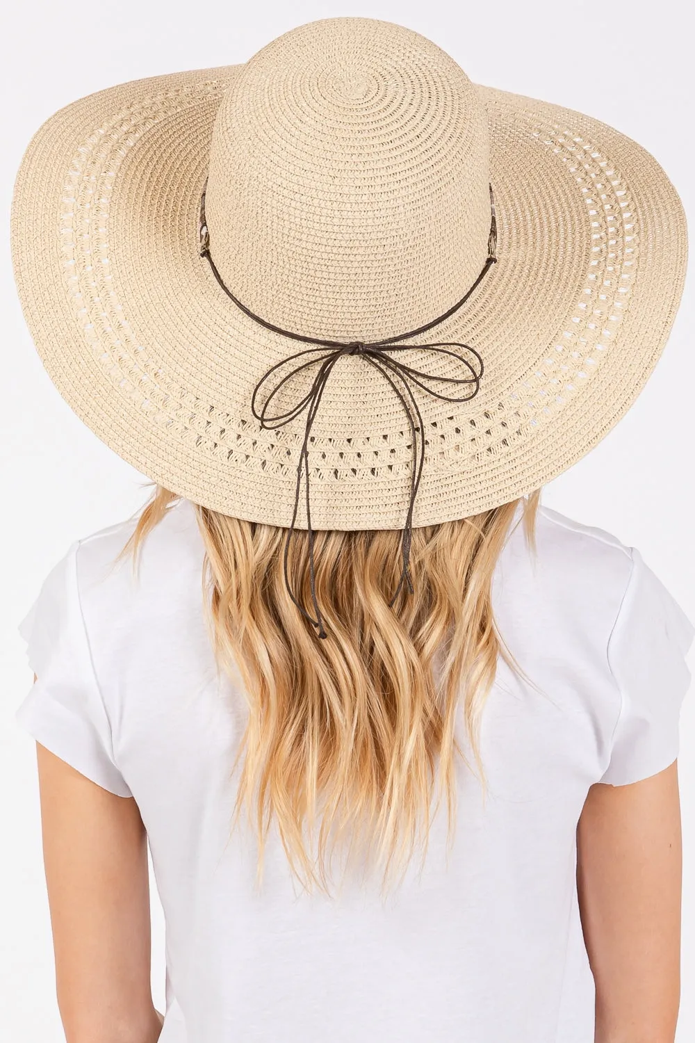 Wide Brim Straw Hat with Evil Eye and Multi Design Band Beige - Pack of 6