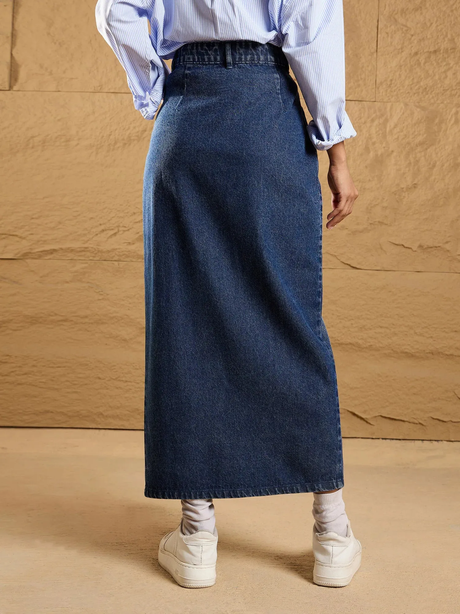 Women Blue Asymmetrical Waist Front Slit Maxi Skirt-SFSKRT30457