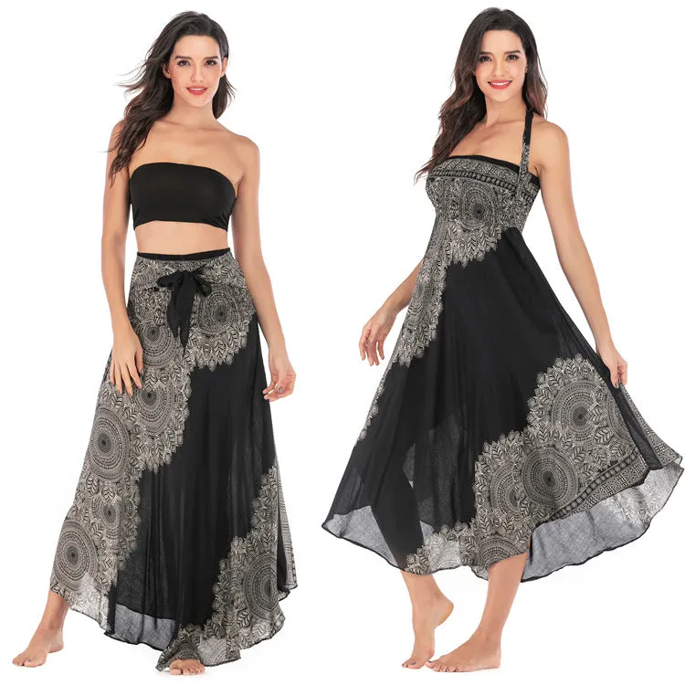 Women Rayon Skirt - African Flower Pleated Halter Skirt Beach Vacation Skirt