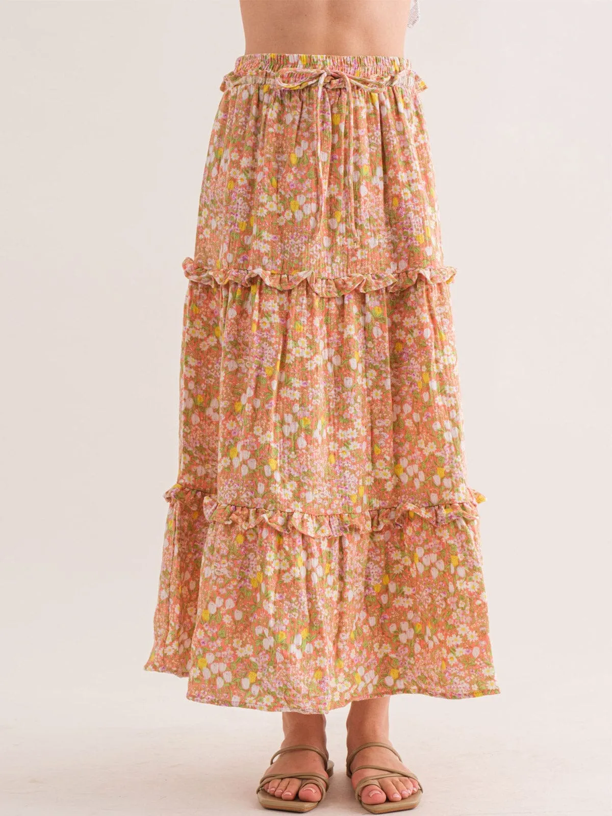 WOMEN'S ELASTIC WAIST TIERED FLORAL MAXI SKIRT