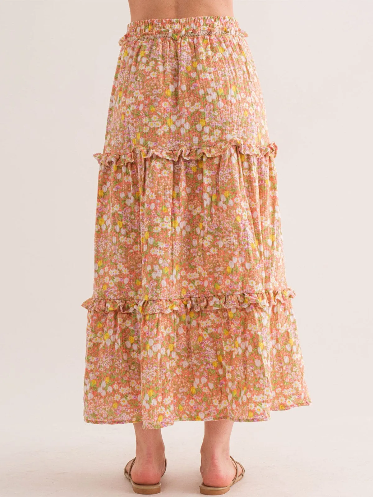 WOMEN'S ELASTIC WAIST TIERED FLORAL MAXI SKIRT