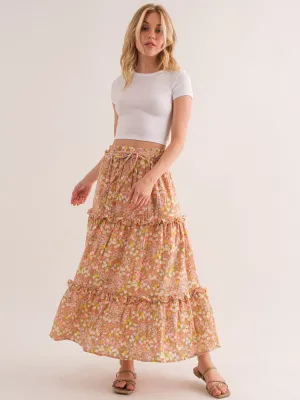 WOMEN'S ELASTIC WAIST TIERED FLORAL MAXI SKIRT