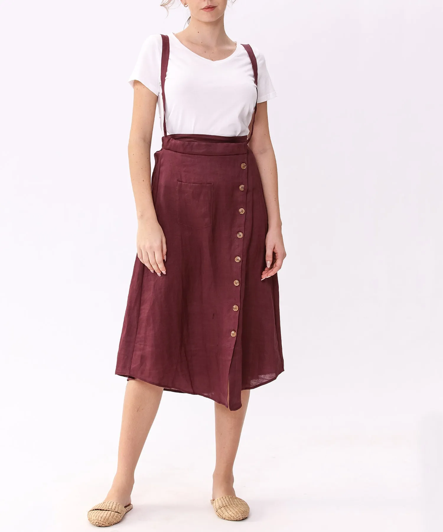 Womens Linen Button Front Maxi Skirts with Pockets Overalls Skirt