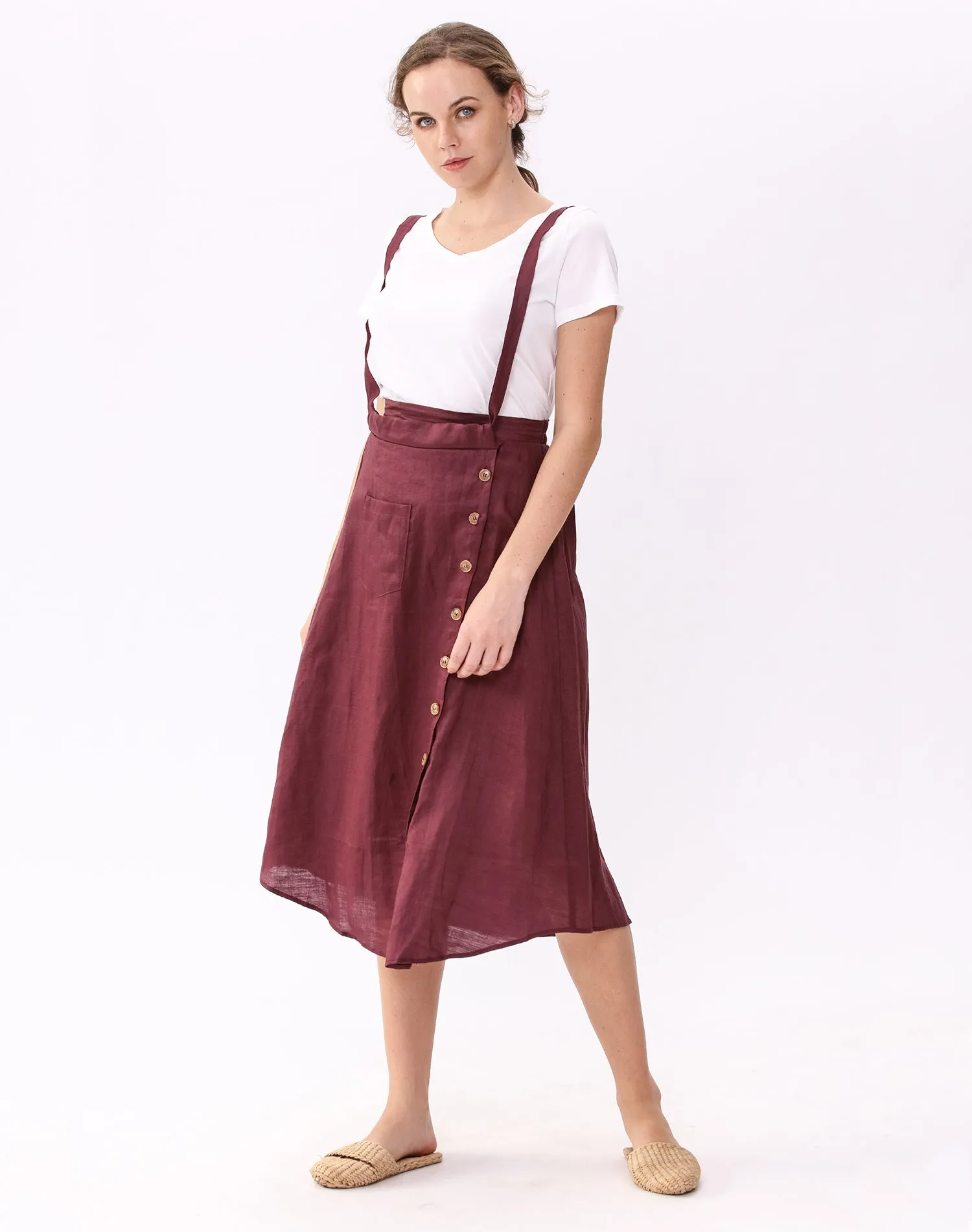 Womens Linen Button Front Maxi Skirts with Pockets Overalls Skirt