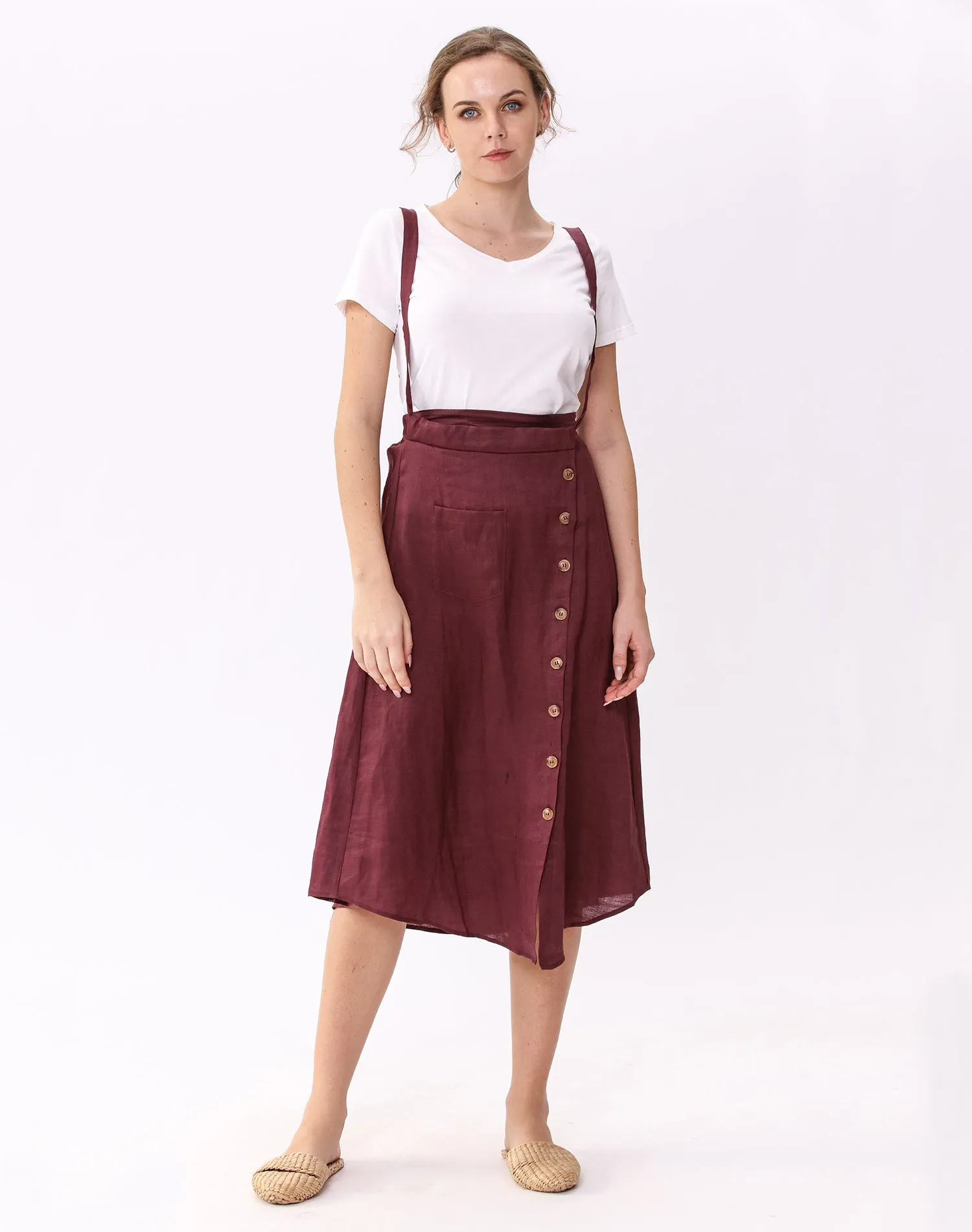 Womens Linen Button Front Maxi Skirts with Pockets Overalls Skirt