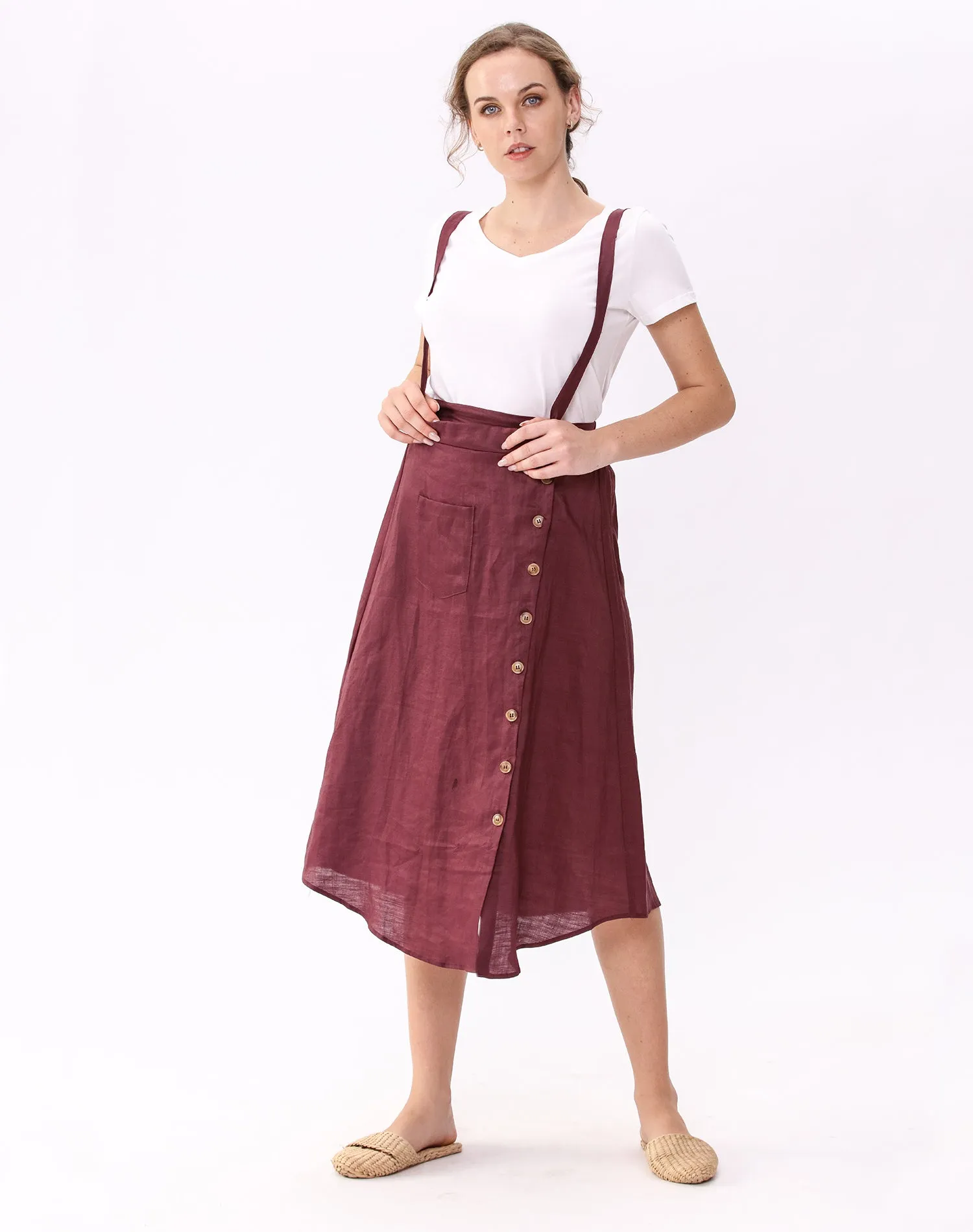 Womens Linen Button Front Maxi Skirts with Pockets Overalls Skirt