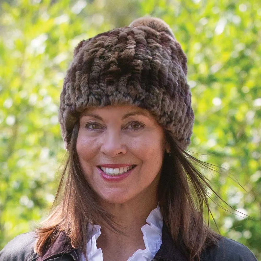 Women's Rabbit Fur Beanie Hat With Pom Pom