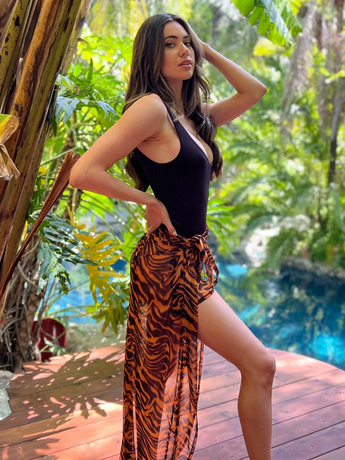 WOMEN'S SELF TIE ANIMAL PRINT MESH COVER UP