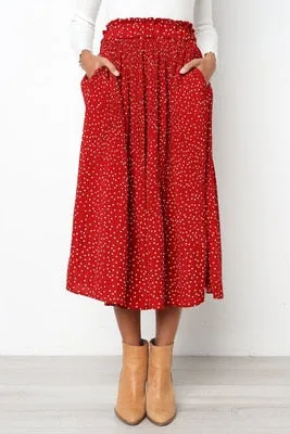 Women's White Polka Dots Print Pleated Midi Skirt