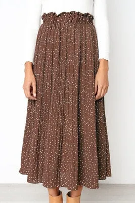 Women's White Polka Dots Print Pleated Midi Skirt