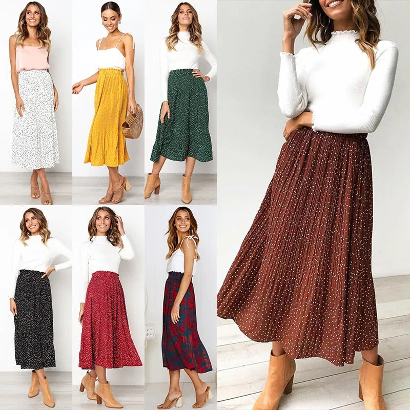 Women's White Polka Dots Print Pleated Midi Skirt