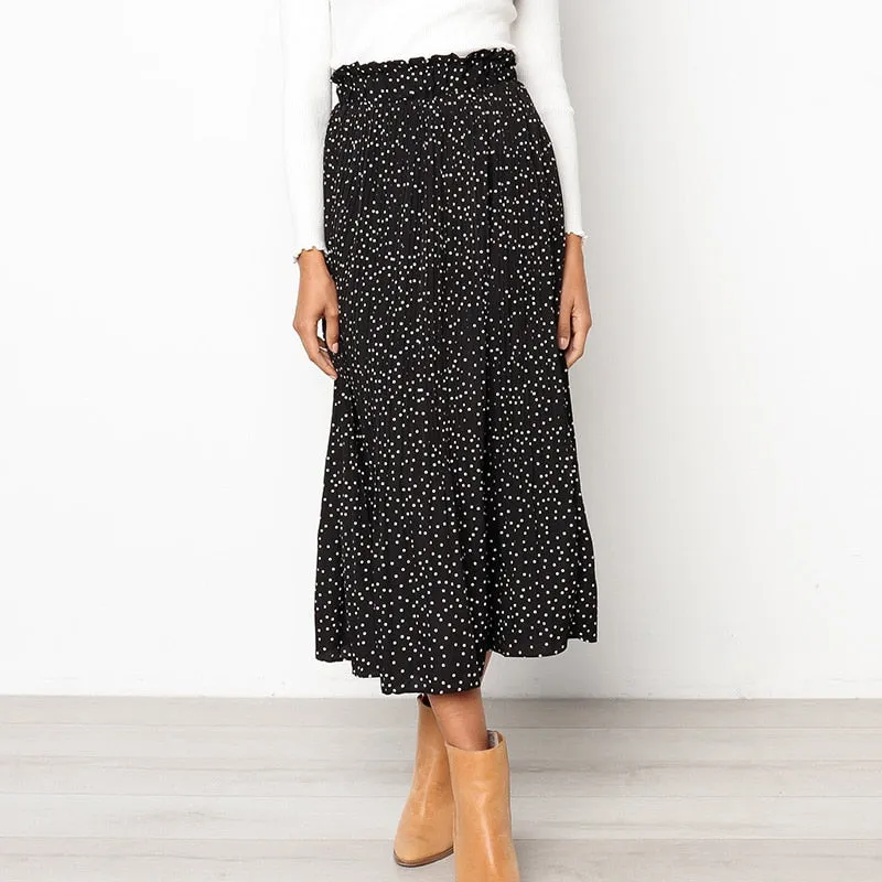 Women's White Polka Dots Print Pleated Midi Skirt