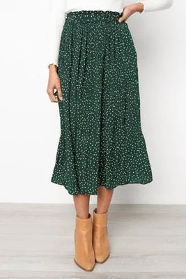 Women's White Polka Dots Print Pleated Midi Skirt