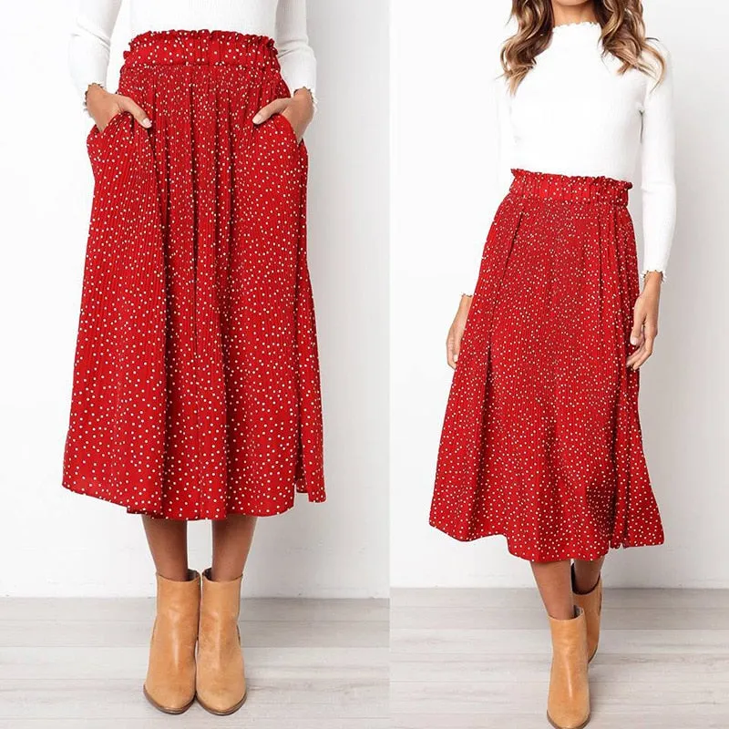 Women's White Polka Dots Print Pleated Midi Skirt