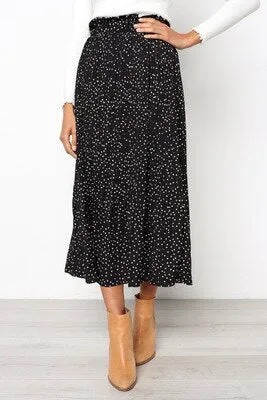 Women's White Polka Dots Print Pleated Midi Skirt