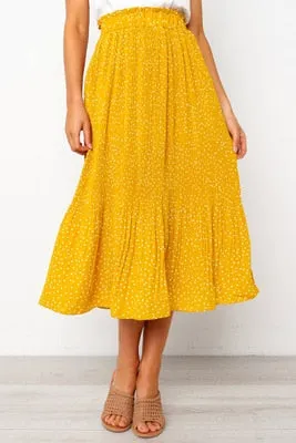 Women's White Polka Dots Print Pleated Midi Skirt