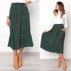 Women's White Polka Dots Print Pleated Midi Skirt
