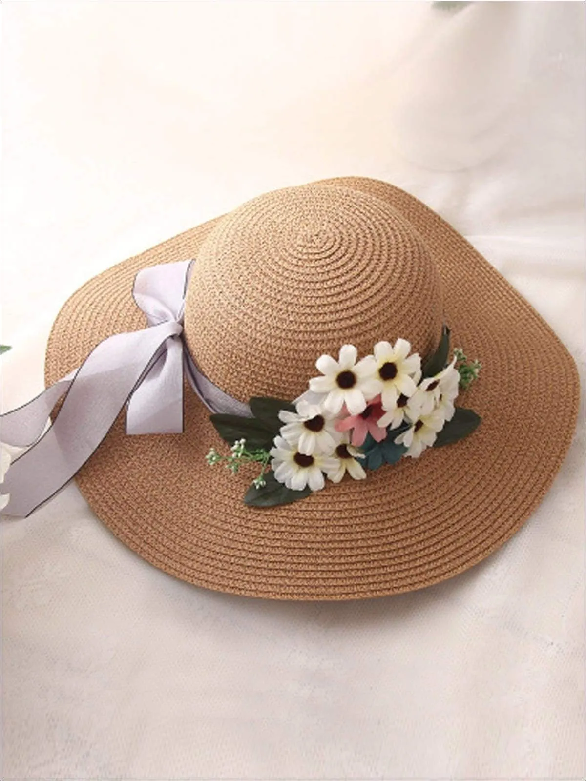 Women's Wide Brim Straw Hat with Flower Sash