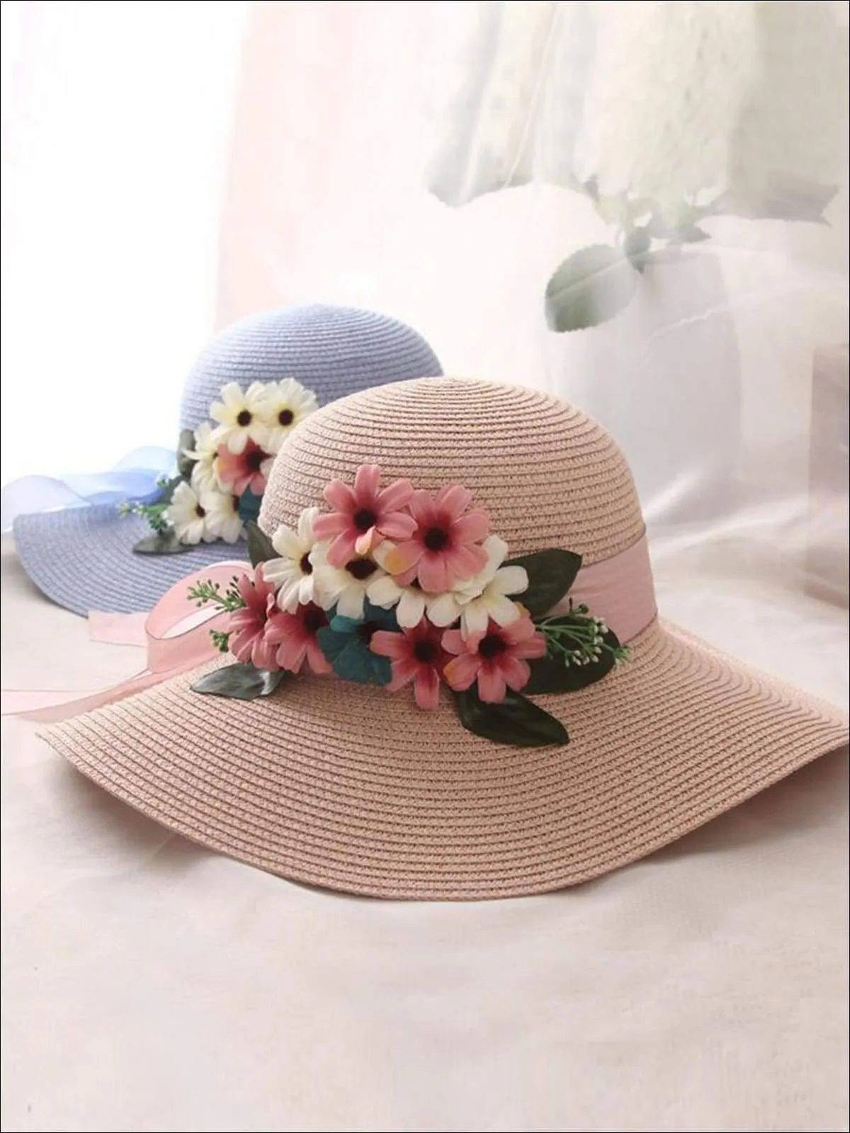 Women's Wide Brim Straw Hat with Flower Sash