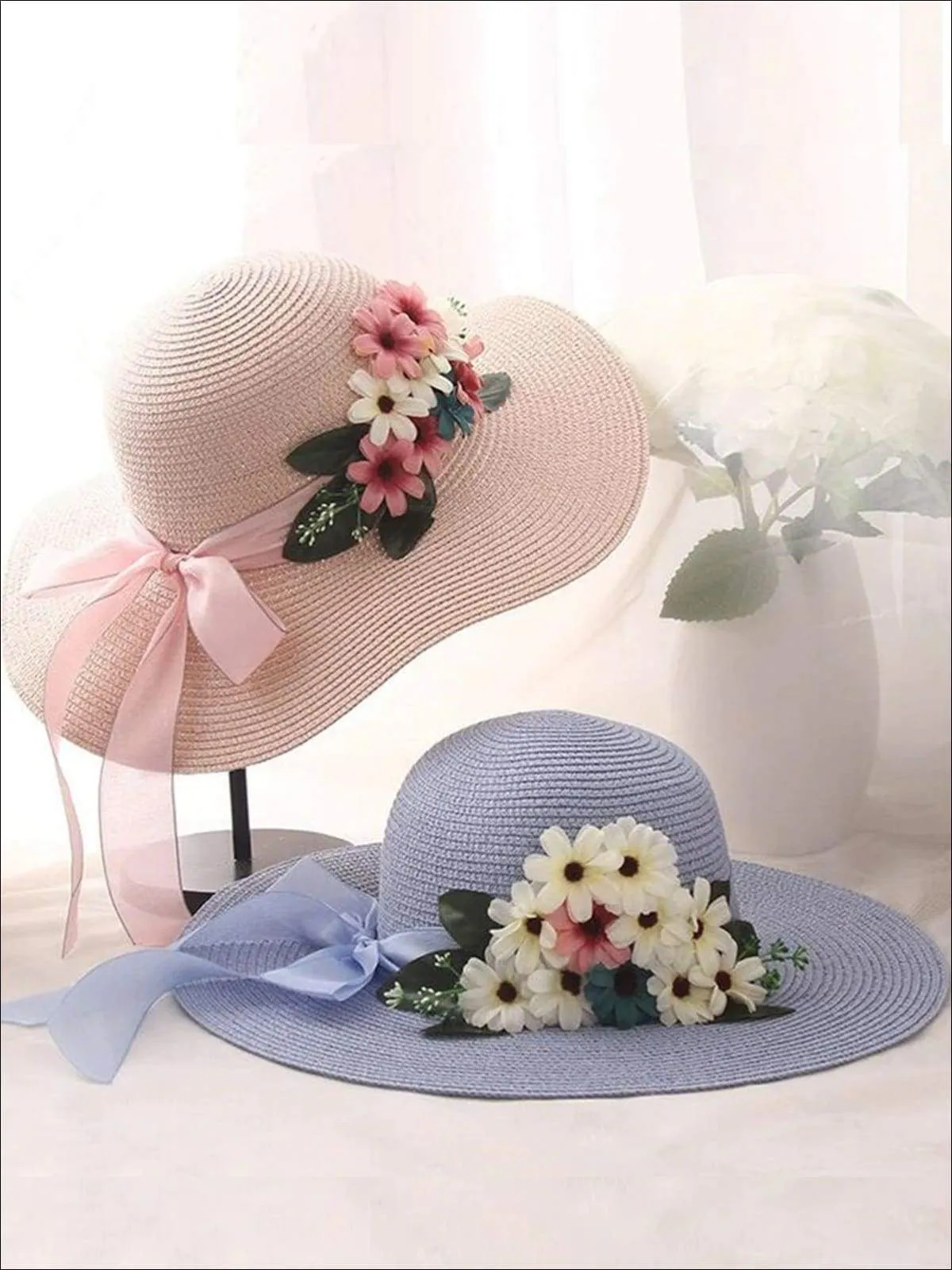 Women's Wide Brim Straw Hat with Flower Sash