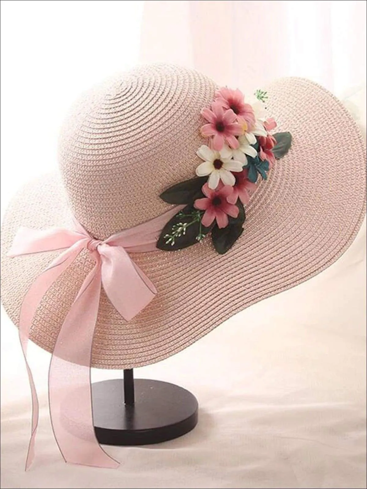 Women's Wide Brim Straw Hat with Flower Sash